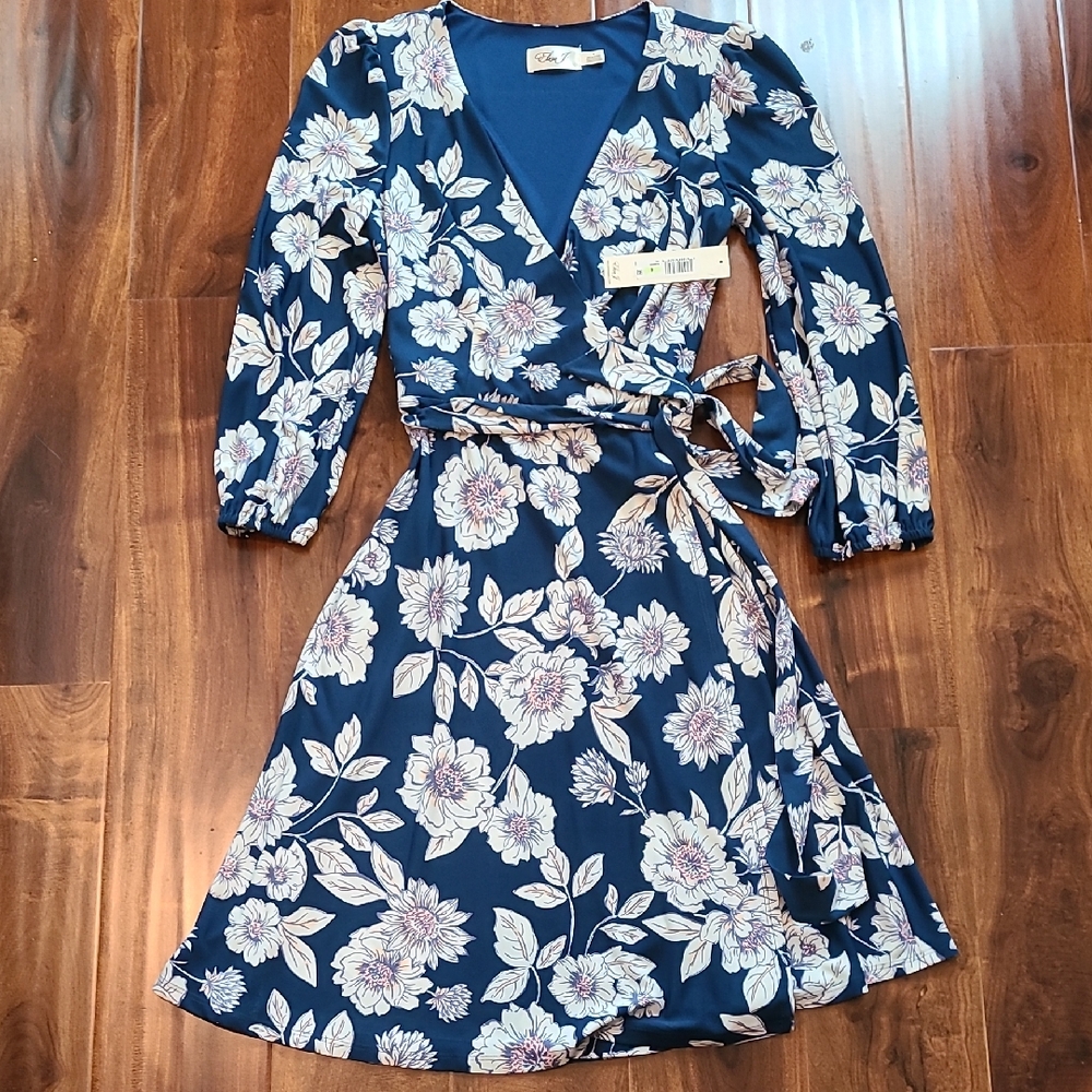 Eliza J Blue Floral Print Faux Wrap Dress